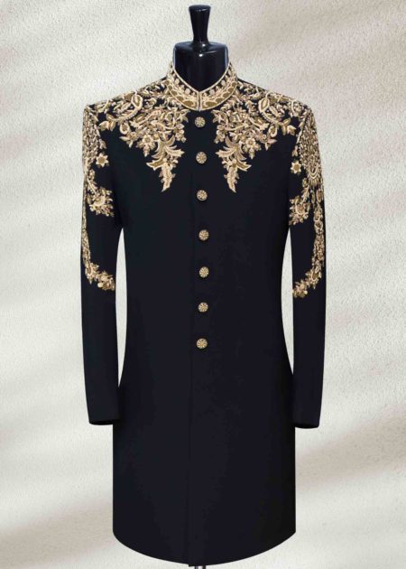 Dark-Black-Wedding-Sherwani-With-Golden